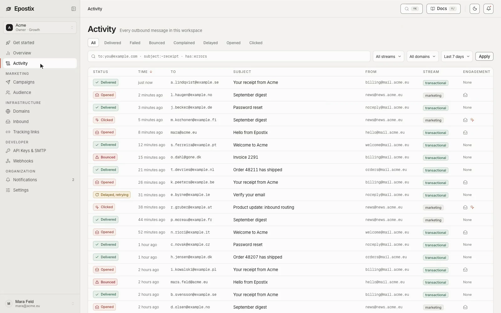 Epostix message activity showing email delivery statuses